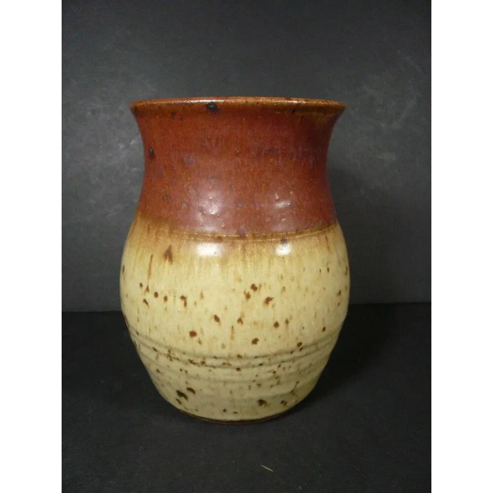 Vtg M. Jerry Studio Pottery Signed Stoneware Speckled Brown Tones Vase 6½